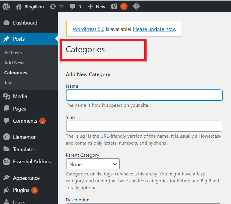 categories in wordpress dashboard image
