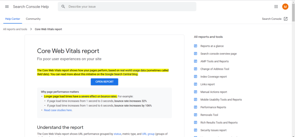 core web vitals report for page speed
