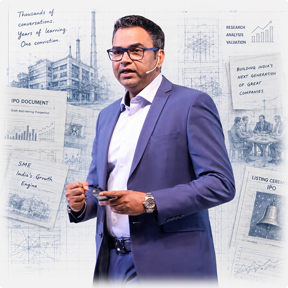 Amit Kumar, Grobiz Sponsor Founder, set against an illustrated backdrop of SME growth, IPO documents and the listing journey