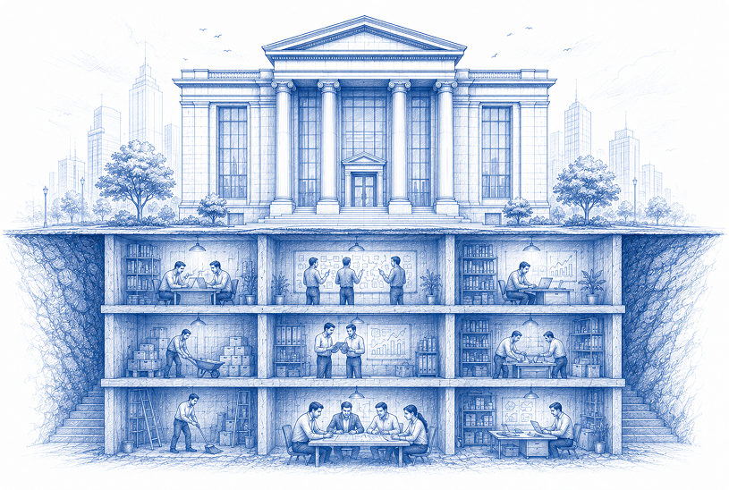 Illustration of an institutional building with teams working in the floors below, representing years of groundwork behind Grobiz